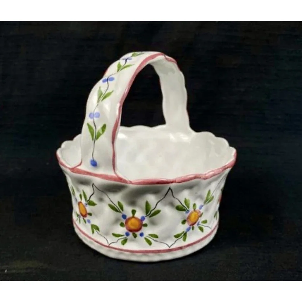 Vintage Casafina Portugal Hand Painted Ceramic Basket Floral Fruit Handle 6